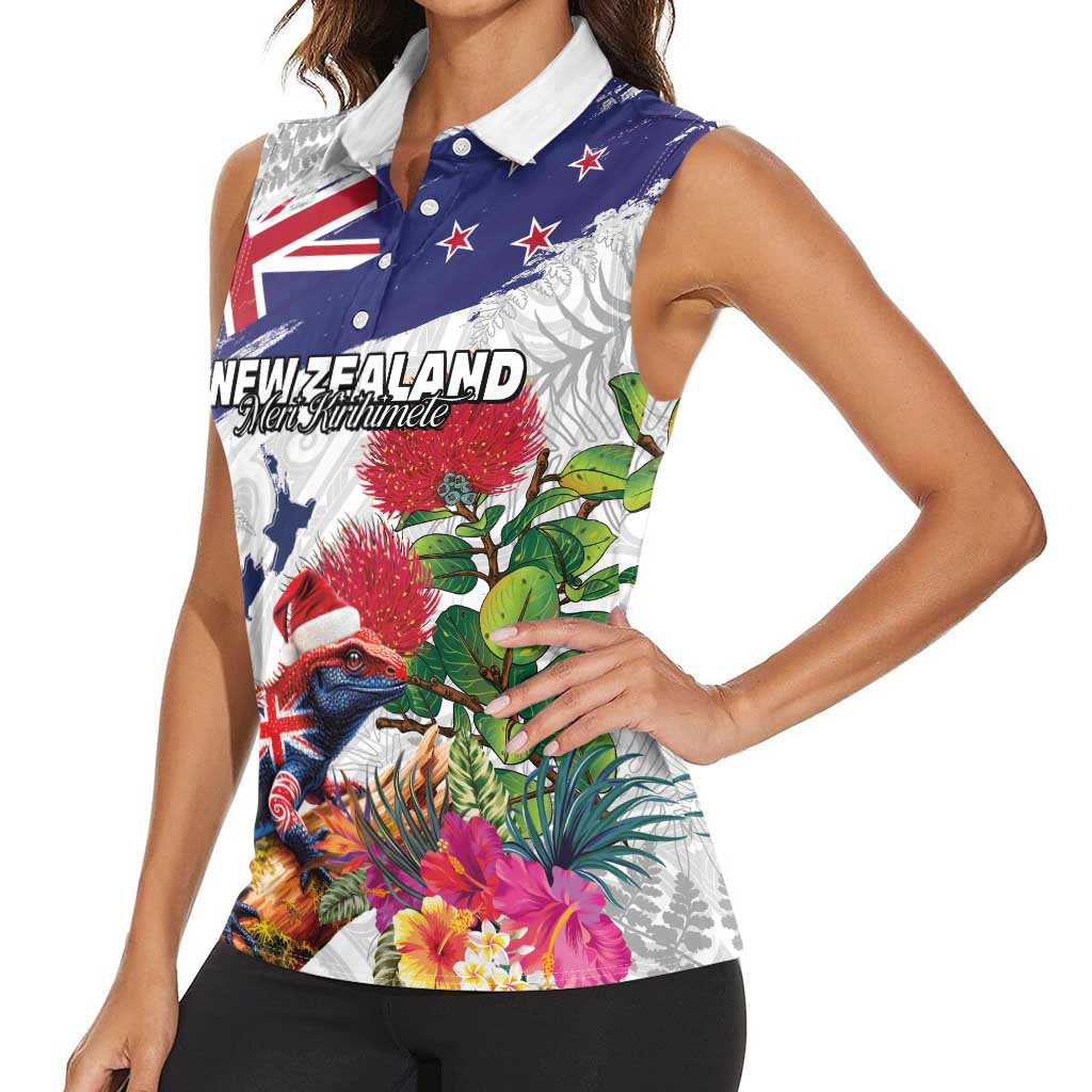 New Zealand Christmas Women Sleeveless Polo Shirt Meri Kirihimete-Tuatara and Pohutukawa White Color LT03 - Polynesian Pride