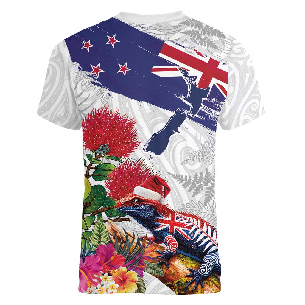 New Zealand Christmas Women V-Neck T-Shirt Meri Kirihimete-Tuatara and Pohutukawa White Color LT03 - Polynesian Pride