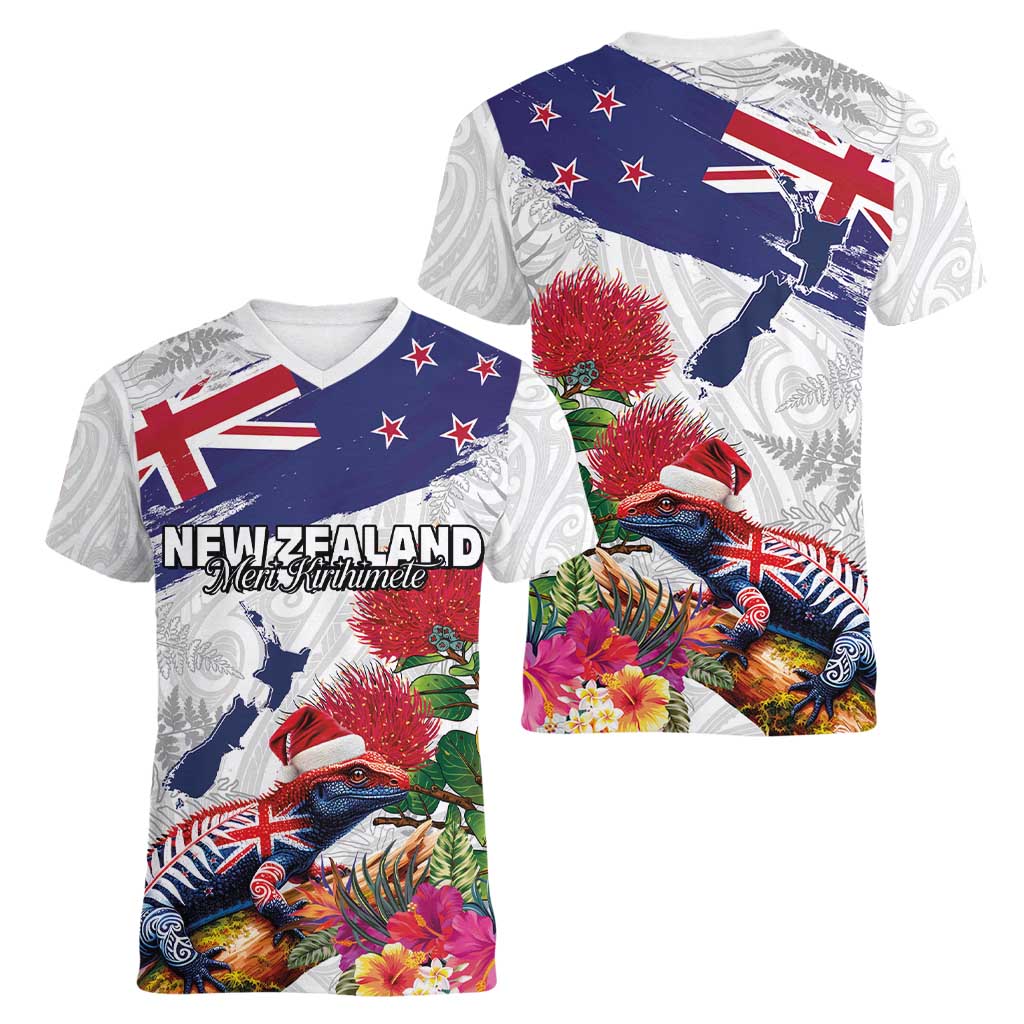 New Zealand Christmas Women V-Neck T-Shirt Meri Kirihimete-Tuatara and Pohutukawa White Color LT03 - Polynesian Pride