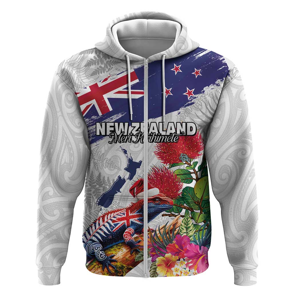New Zealand Christmas Zip Hoodie Meri Kirihimete-Tuatara and Pohutukawa White Color LT03 Zip Hoodie White - Polynesian Pride