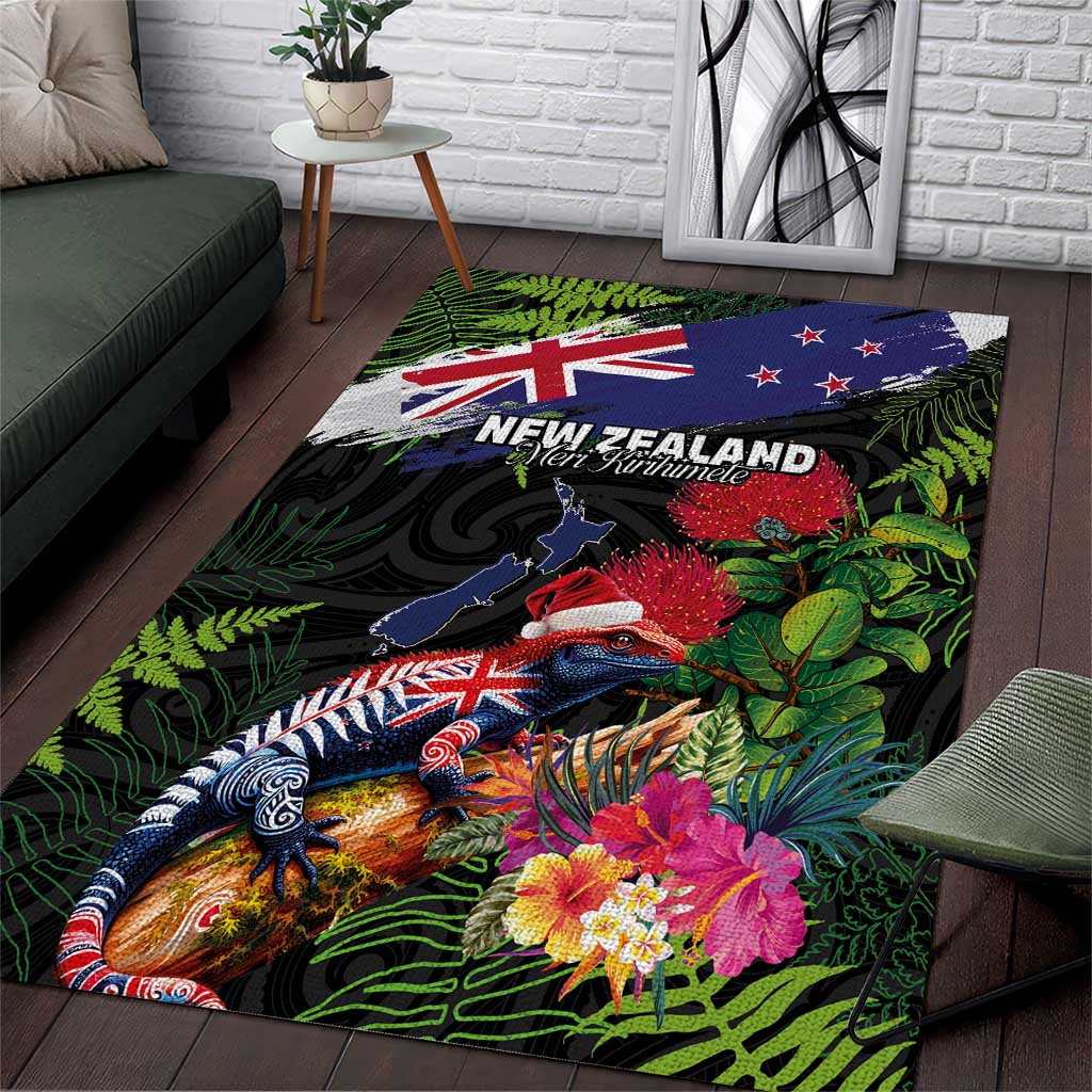 New Zealand Christmas Area Rug Meri Kirihimete-Tuatara and Pohutukawa Black Color