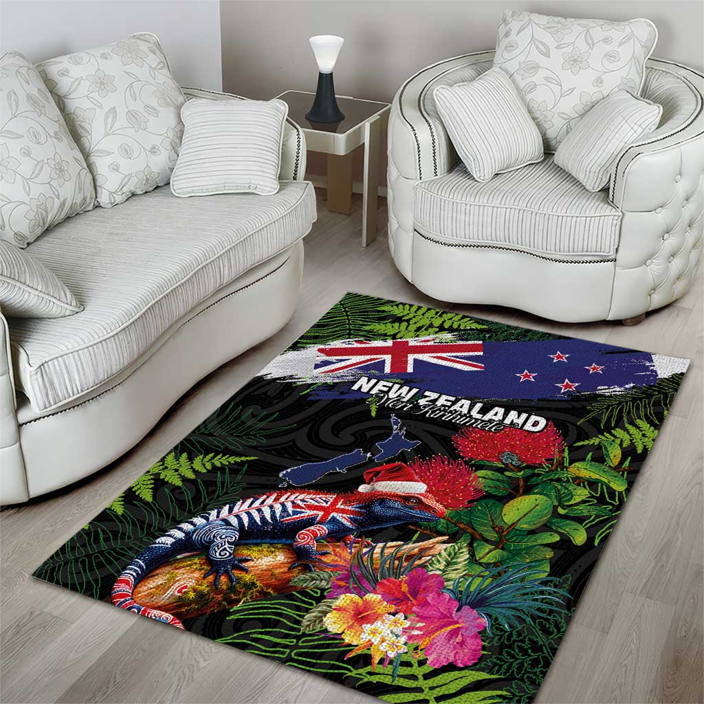 New Zealand Christmas Area Rug Meri Kirihimete-Tuatara and Pohutukawa Black Color