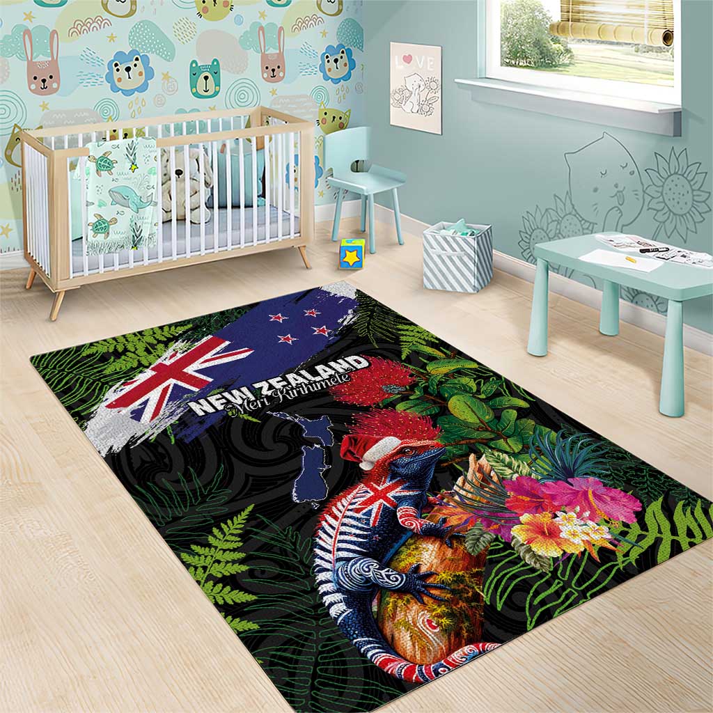 New Zealand Christmas Area Rug Meri Kirihimete-Tuatara and Pohutukawa Black Color
