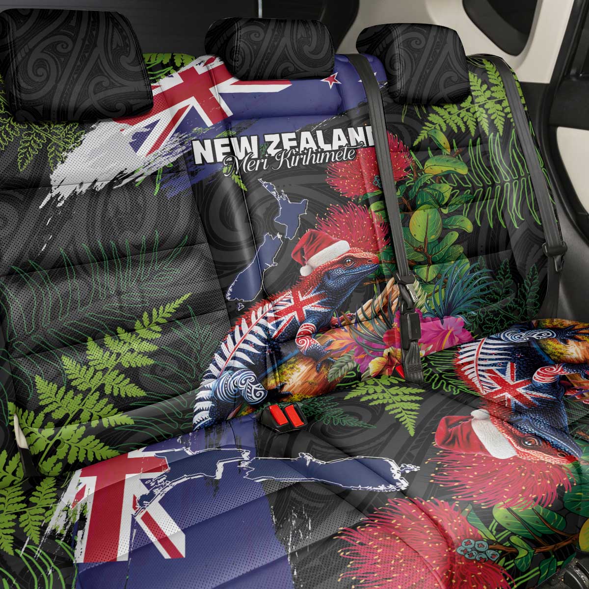 New Zealand Christmas Back Car Seat Cover Meri Kirihimete-Tuatara and Pohutukawa Black Color LT03 - Polynesian Pride