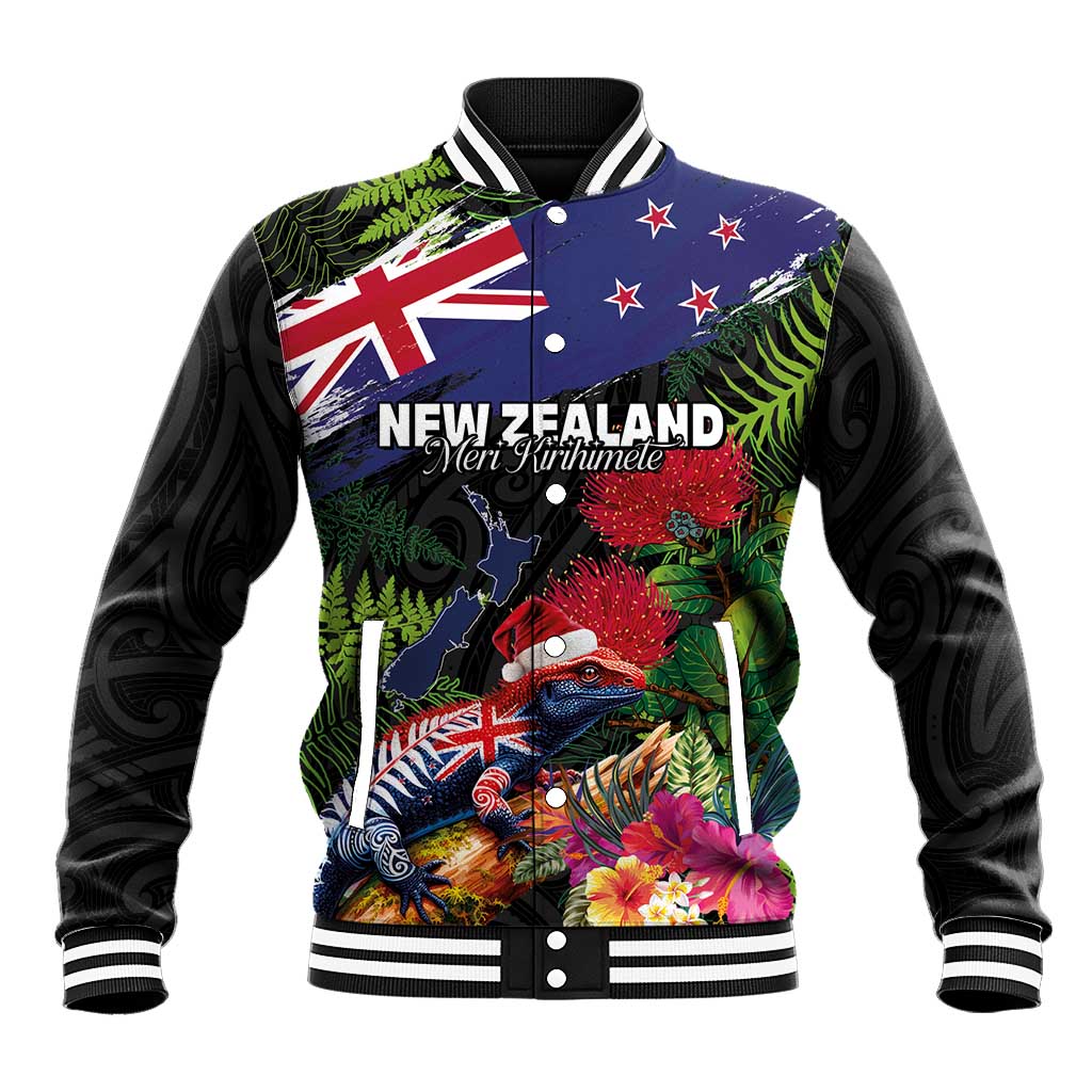 New Zealand Christmas Baseball Jacket Meri Kirihimete-Tuatara and Pohutukawa Black Color LT03 Unisex Black - Polynesian Pride