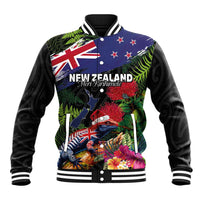 New Zealand Christmas Baseball Jacket Meri Kirihimete-Tuatara and Pohutukawa Black Color LT03 Unisex Black - Polynesian Pride