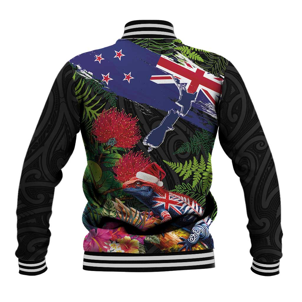 New Zealand Christmas Baseball Jacket Meri Kirihimete-Tuatara and Pohutukawa Black Color LT03 - Polynesian Pride