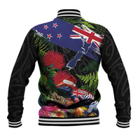 New Zealand Christmas Baseball Jacket Meri Kirihimete-Tuatara and Pohutukawa Black Color LT03 - Polynesian Pride