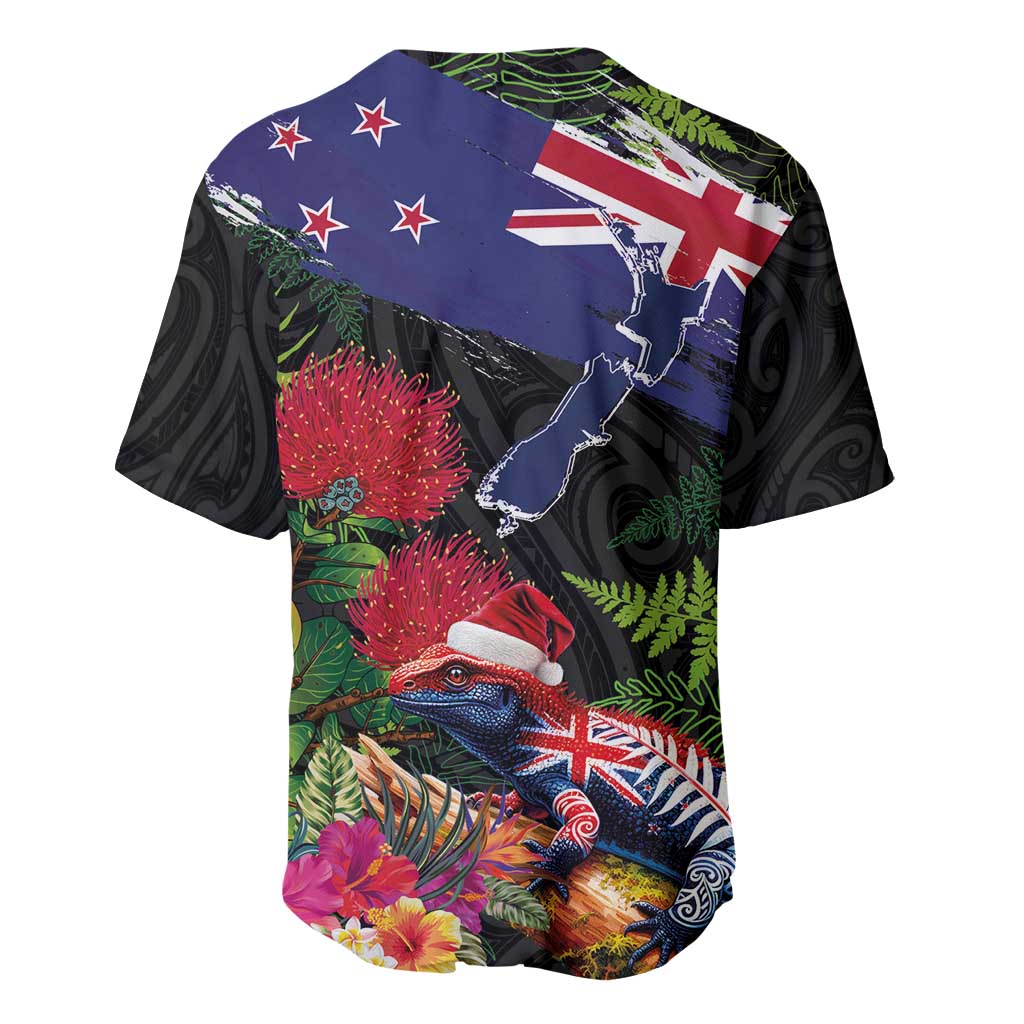 New Zealand Christmas Baseball Jersey Meri Kirihimete-Tuatara and Pohutukawa Black Color LT03 - Polynesian Pride