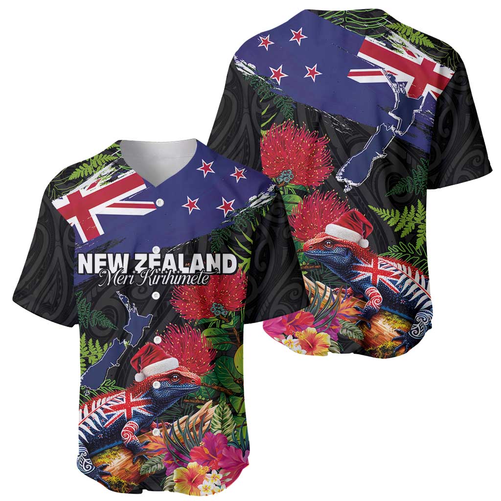 New Zealand Christmas Baseball Jersey Meri Kirihimete-Tuatara and Pohutukawa Black Color LT03 - Polynesian Pride