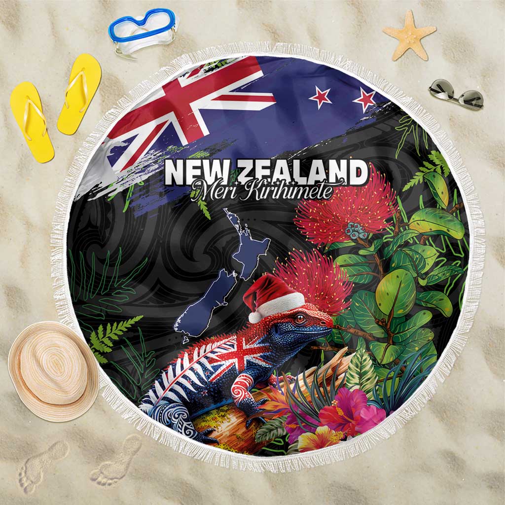 New Zealand Christmas Beach Blanket Meri Kirihimete-Tuatara and Pohutukawa Black Color LT03 One Size 150cm Black - Polynesian Pride