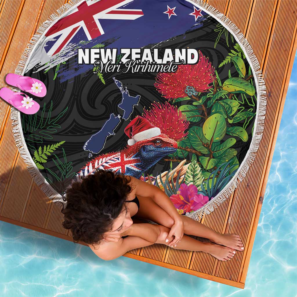 New Zealand Christmas Beach Blanket Meri Kirihimete-Tuatara and Pohutukawa Black Color LT03 - Polynesian Pride