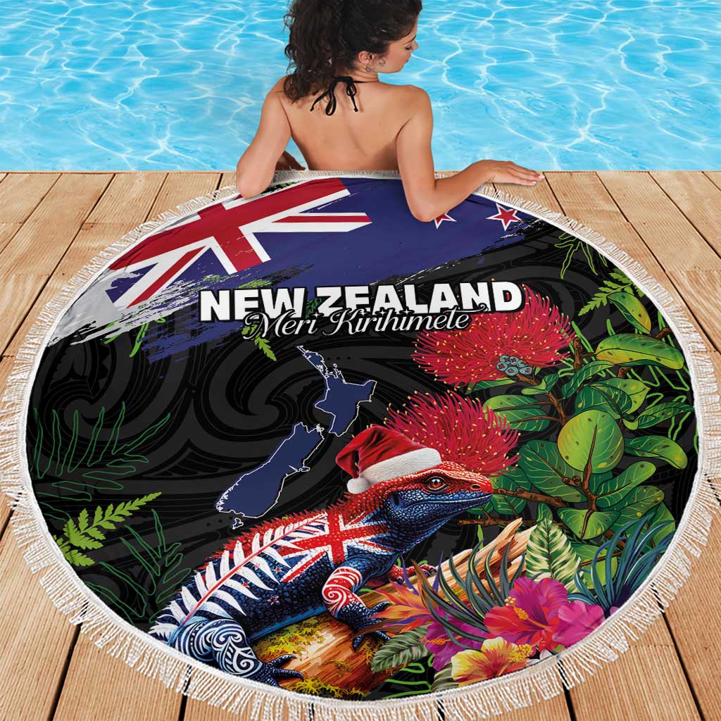 New Zealand Christmas Beach Blanket Meri Kirihimete-Tuatara and Pohutukawa Black Color LT03 - Polynesian Pride
