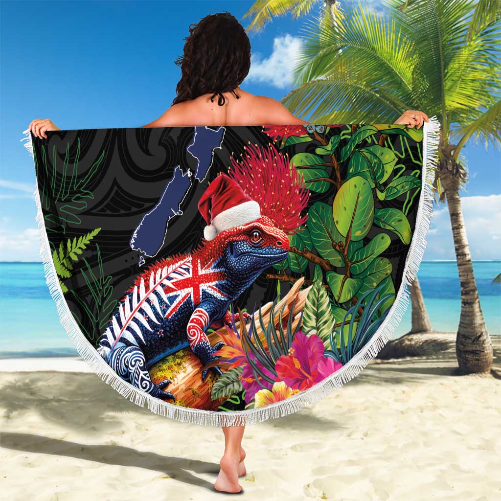New Zealand Christmas Beach Blanket Meri Kirihimete-Tuatara and Pohutukawa Black Color LT03 - Polynesian Pride