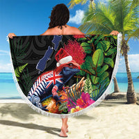 New Zealand Christmas Beach Blanket Meri Kirihimete-Tuatara and Pohutukawa Black Color LT03 - Polynesian Pride