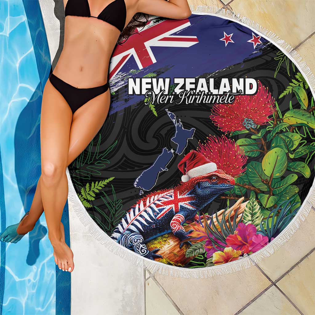 New Zealand Christmas Beach Blanket Meri Kirihimete-Tuatara and Pohutukawa Black Color LT03 - Polynesian Pride