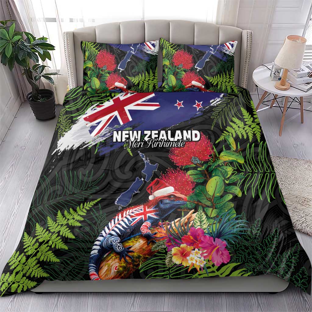 New Zealand Christmas Bedding Set Meri Kirihimete-Tuatara and Pohutukawa Black Color LT03 - Polynesian Pride