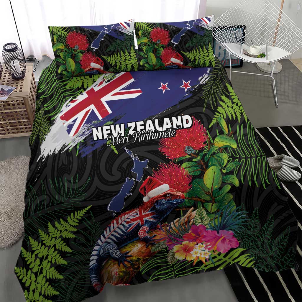 New Zealand Christmas Bedding Set Meri Kirihimete-Tuatara and Pohutukawa Black Color LT03 - Polynesian Pride