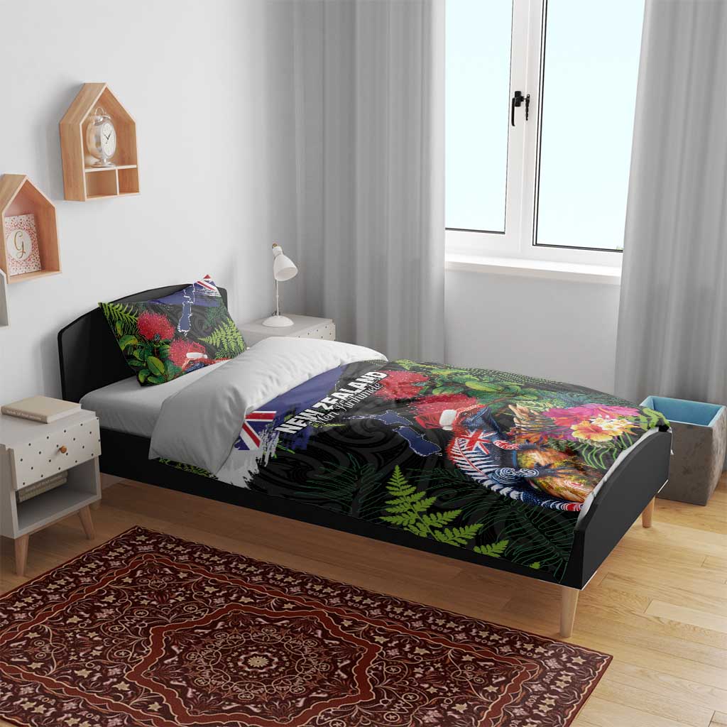 New Zealand Christmas Bedding Set Meri Kirihimete-Tuatara and Pohutukawa Black Color LT03 - Polynesian Pride