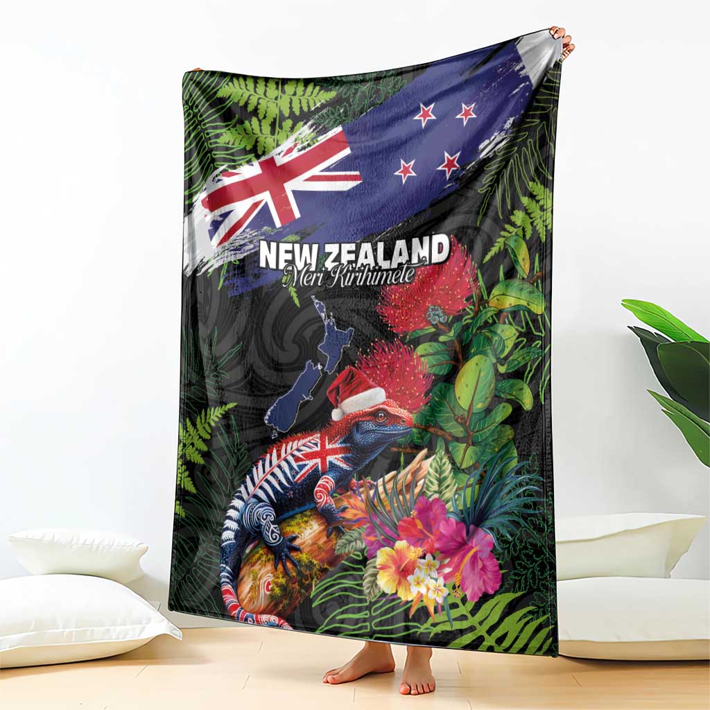 New Zealand Christmas Blanket Meri Kirihimete-Tuatara and Pohutukawa Black Color LT03 - Polynesian Pride