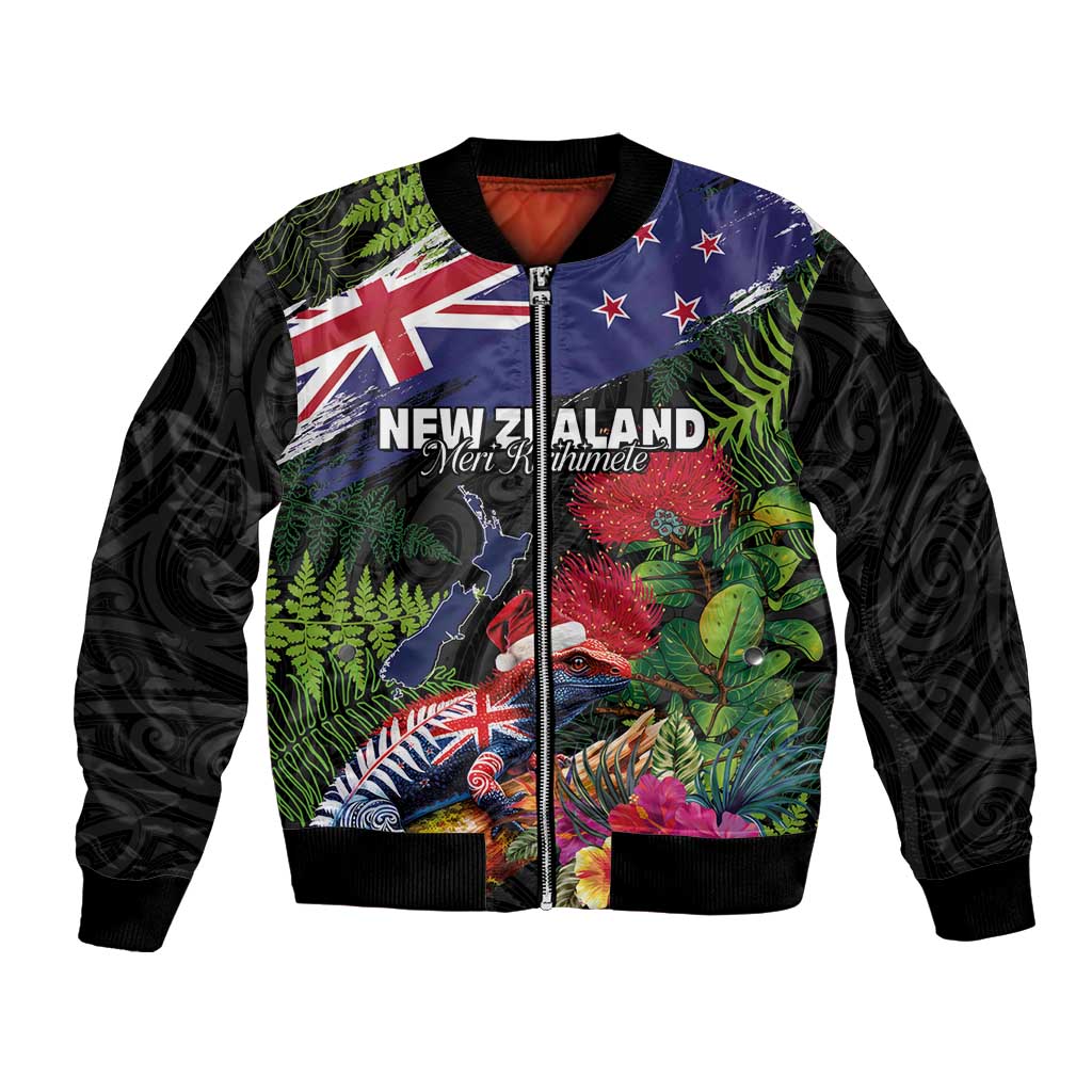 New Zealand Christmas Bomber Jacket Meri Kirihimete-Tuatara and Pohutukawa Black Color LT03 Unisex Black - Polynesian Pride