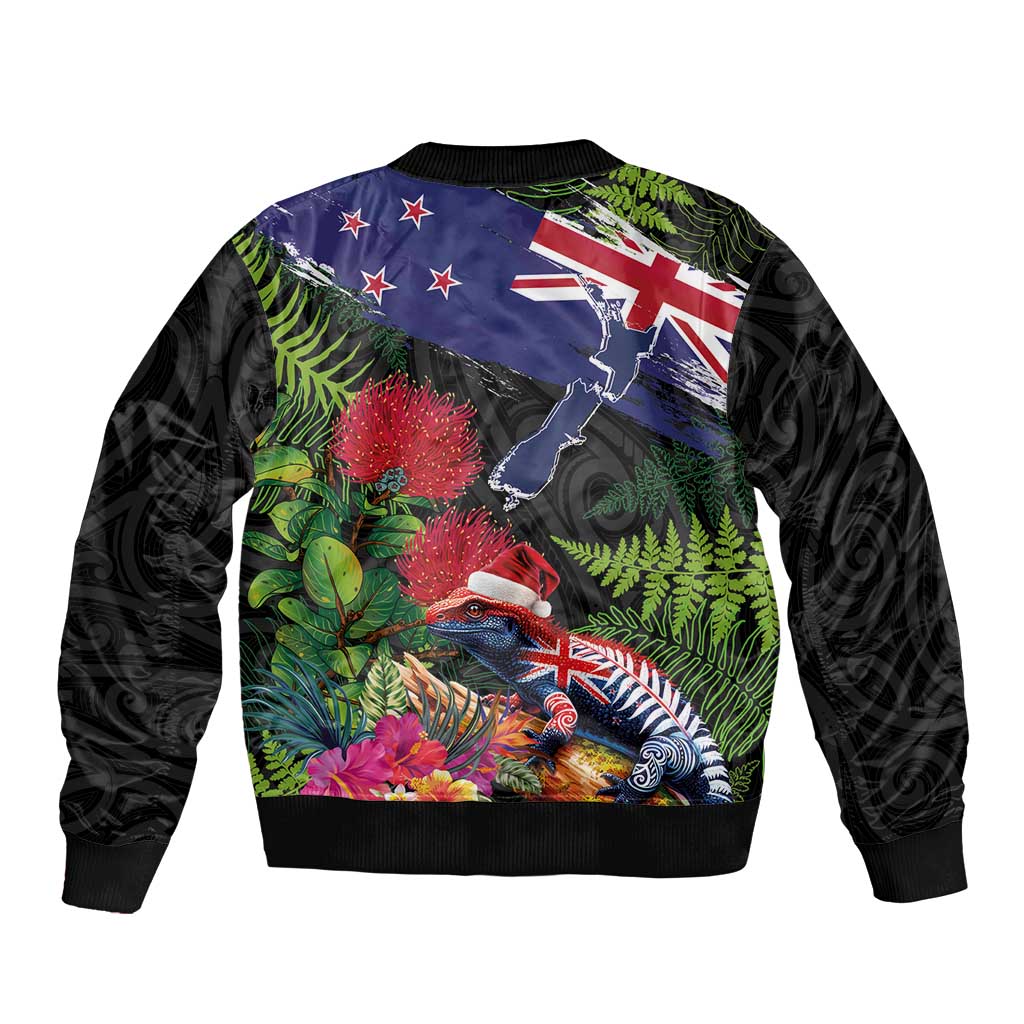 New Zealand Christmas Bomber Jacket Meri Kirihimete-Tuatara and Pohutukawa Black Color LT03 - Polynesian Pride