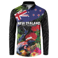 New Zealand Christmas Button Sweatshirt Meri Kirihimete-Tuatara and Pohutukawa Black Color LT03 Black - Polynesian Pride