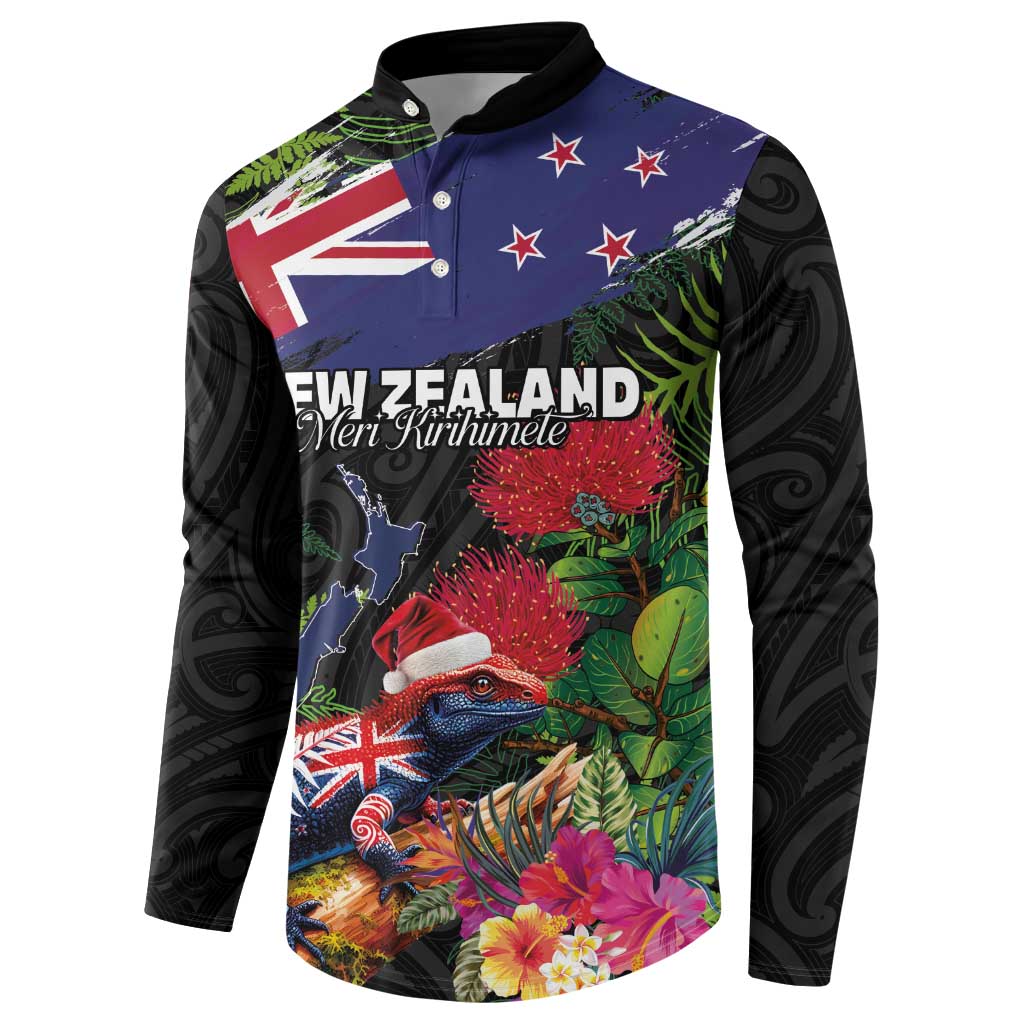 New Zealand Christmas Button Sweatshirt Meri Kirihimete-Tuatara and Pohutukawa Black Color LT03 - Polynesian Pride