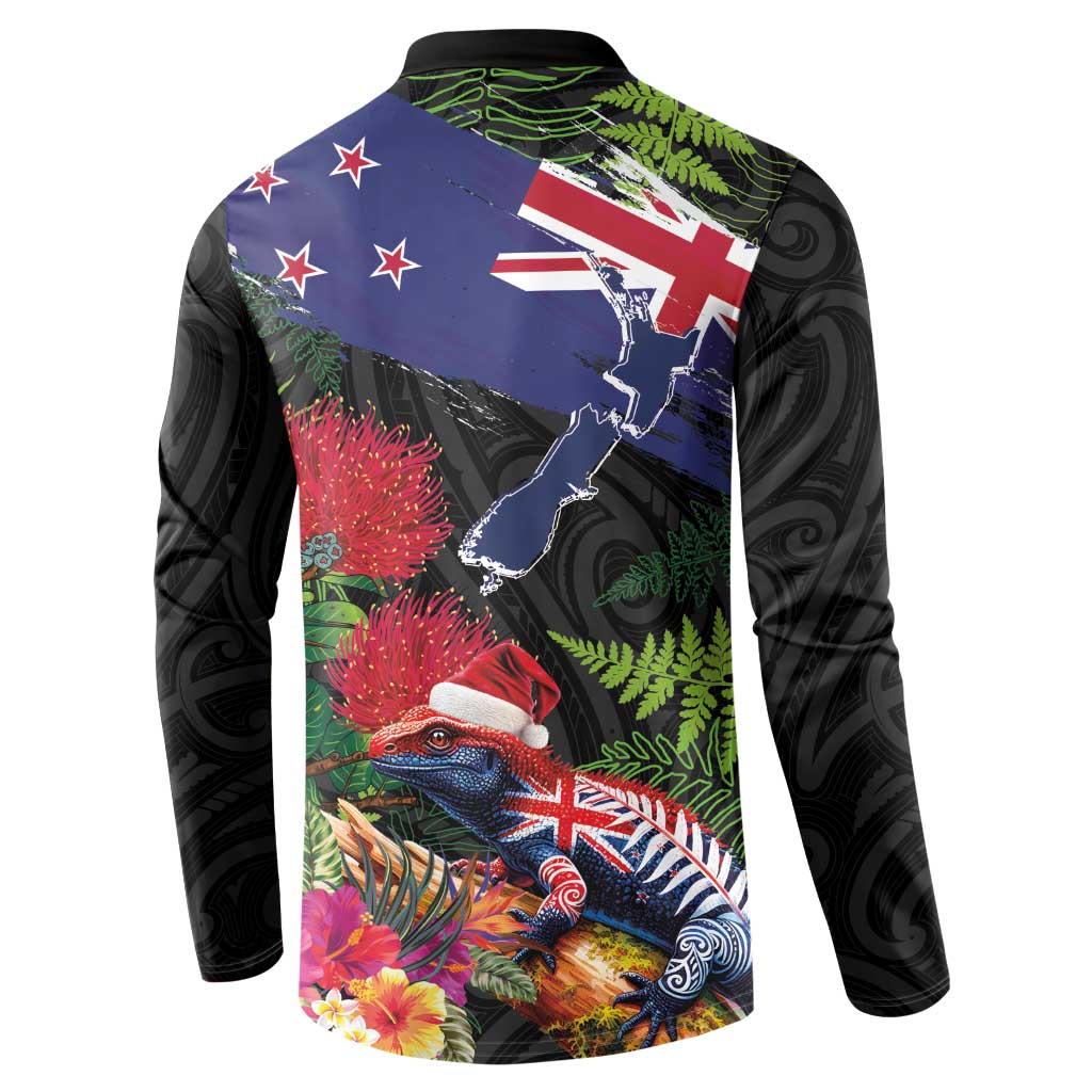 New Zealand Christmas Button Sweatshirt Meri Kirihimete-Tuatara and Pohutukawa Black Color LT03 - Polynesian Pride