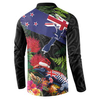 New Zealand Christmas Button Sweatshirt Meri Kirihimete-Tuatara and Pohutukawa Black Color LT03 - Polynesian Pride