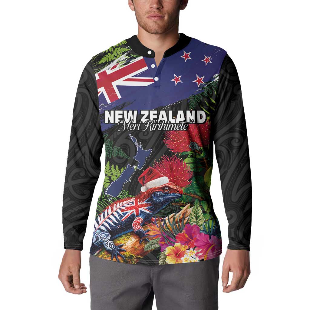 New Zealand Christmas Button Sweatshirt Meri Kirihimete-Tuatara and Pohutukawa Black Color LT03 - Polynesian Pride