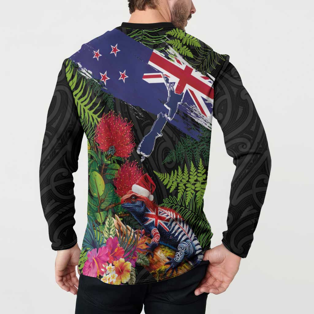 New Zealand Christmas Button Sweatshirt Meri Kirihimete-Tuatara and Pohutukawa Black Color LT03 - Polynesian Pride