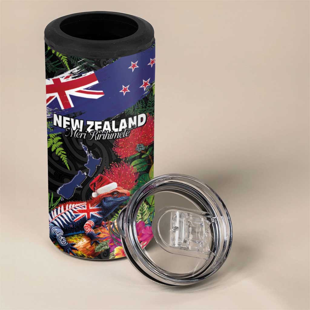 New Zealand Christmas 4 in 1 Can Cooler Tumbler Meri Kirihimete-Tuatara and Pohutukawa Black Color LT03 - Polynesian Pride