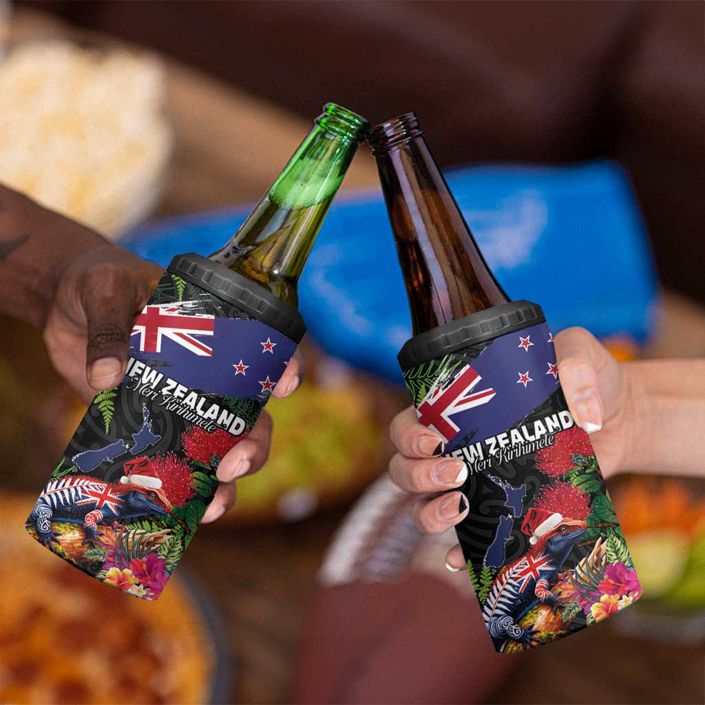 New Zealand Christmas 4 in 1 Can Cooler Tumbler Meri Kirihimete-Tuatara and Pohutukawa Black Color LT03 - Polynesian Pride