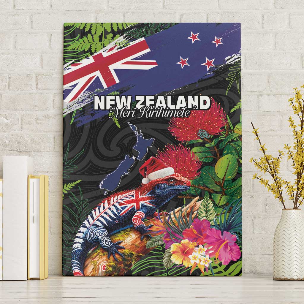 New Zealand Christmas Canvas Wall Art Meri Kirihimete-Tuatara and Pohutukawa Black Color LT03 Without Frame Black - Polynesian Pride