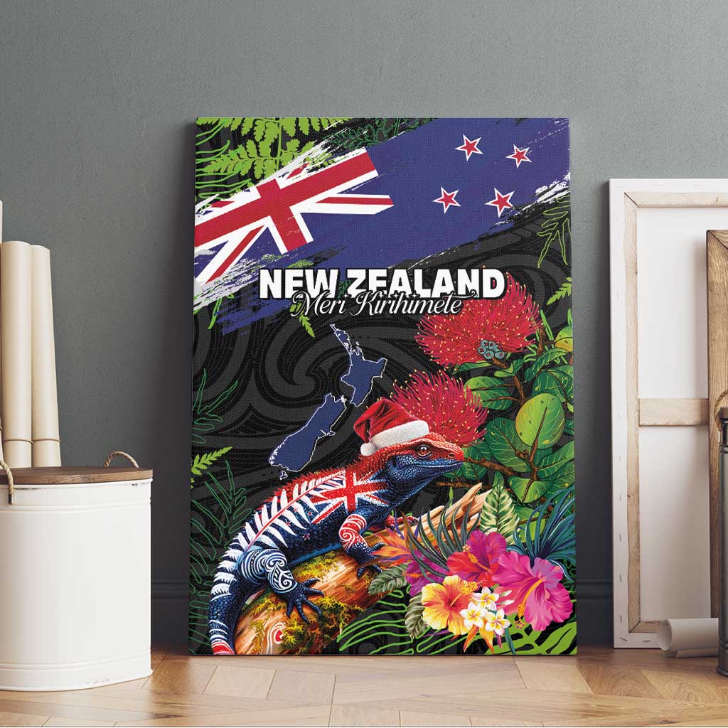 New Zealand Christmas Canvas Wall Art Meri Kirihimete-Tuatara and Pohutukawa Black Color LT03 - Polynesian Pride
