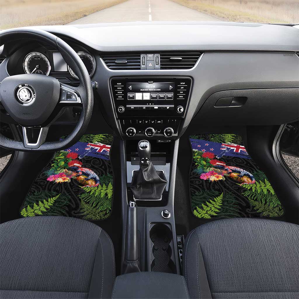 New Zealand Christmas Car Mats Meri Kirihimete-Tuatara and Pohutukawa Black Color LT03 Set 2pcs - Front Black - Polynesian Pride