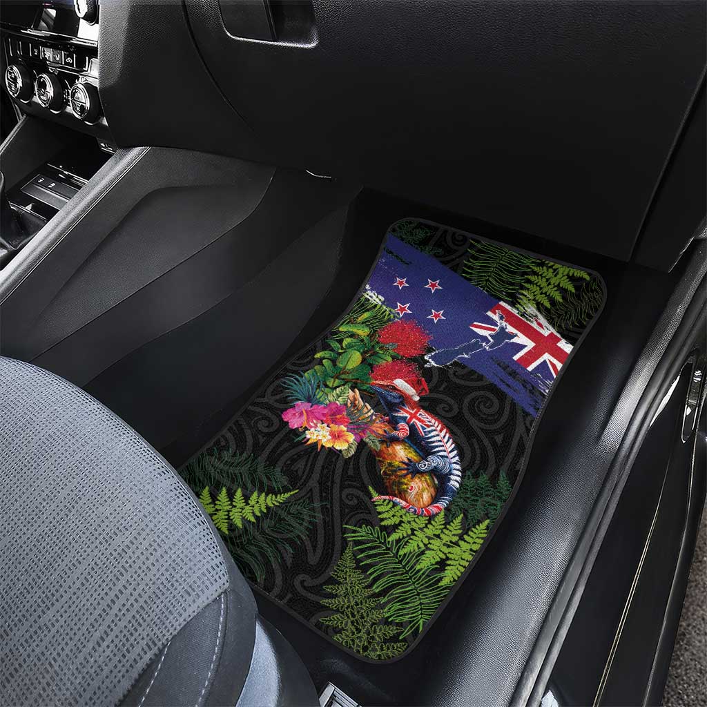 New Zealand Christmas Car Mats Meri Kirihimete-Tuatara and Pohutukawa Black Color LT03 - Polynesian Pride