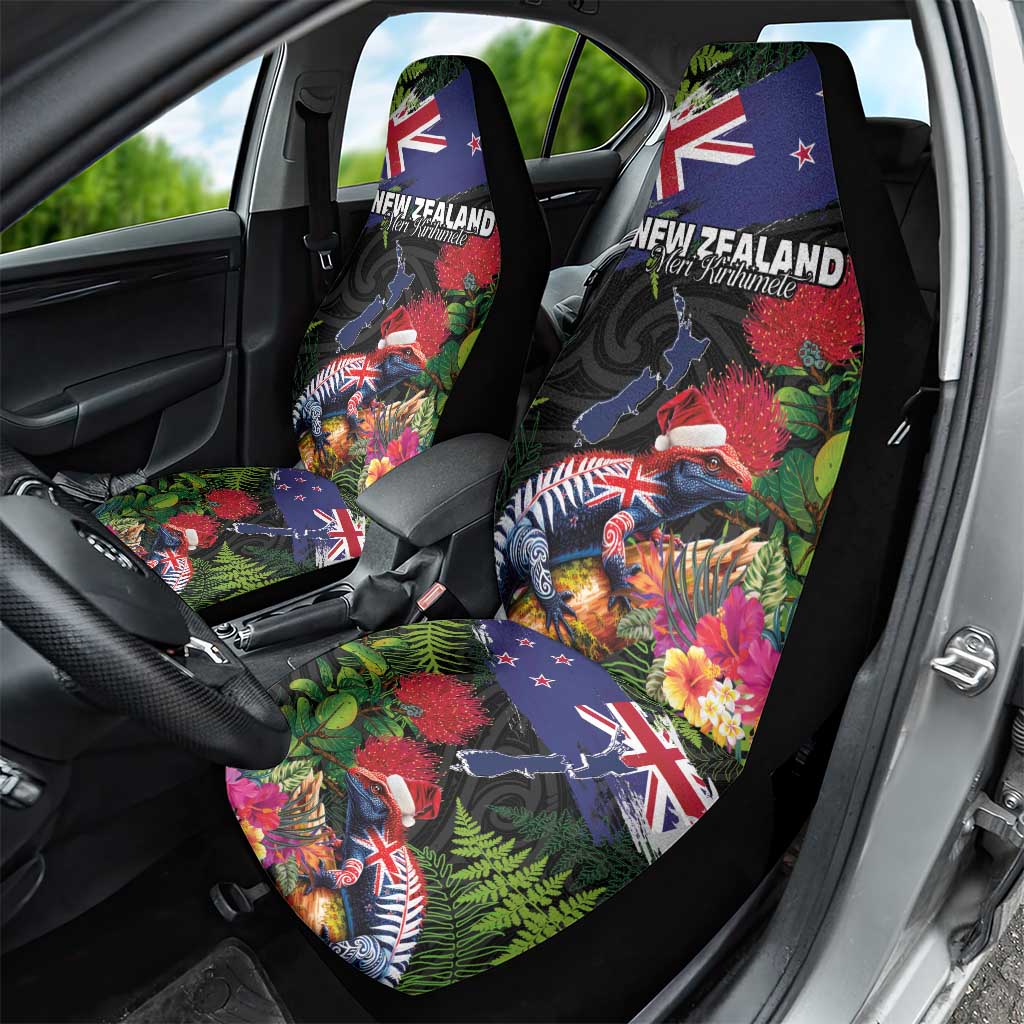 New Zealand Christmas Car Seat Cover Meri Kirihimete-Tuatara and Pohutukawa Black Color LT03 - Polynesian Pride
