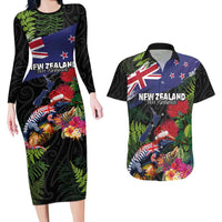 New Zealand Christmas Couples Matching Long Sleeve Bodycon Dress and Hawaiian Shirt Meri Kirihimete-Tuatara and Pohutukawa Black Color LT03 Black - Polynesian Pride