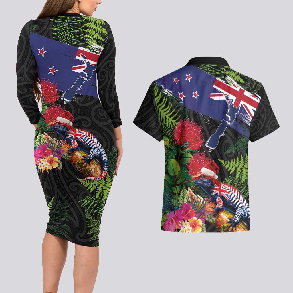 New Zealand Christmas Couples Matching Long Sleeve Bodycon Dress and Hawaiian Shirt Meri Kirihimete-Tuatara and Pohutukawa Black Color LT03 - Polynesian Pride