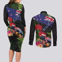 New Zealand Christmas Couples Matching Long Sleeve Bodycon Dress and Long Sleeve Button Shirt Meri Kirihimete-Tuatara and Pohutukawa Black Color LT03 - Polynesian Pride