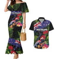 New Zealand Christmas Couples Matching Mermaid Dress and Hawaiian Shirt Meri Kirihimete-Tuatara and Pohutukawa Black Color LT03 Black - Polynesian Pride