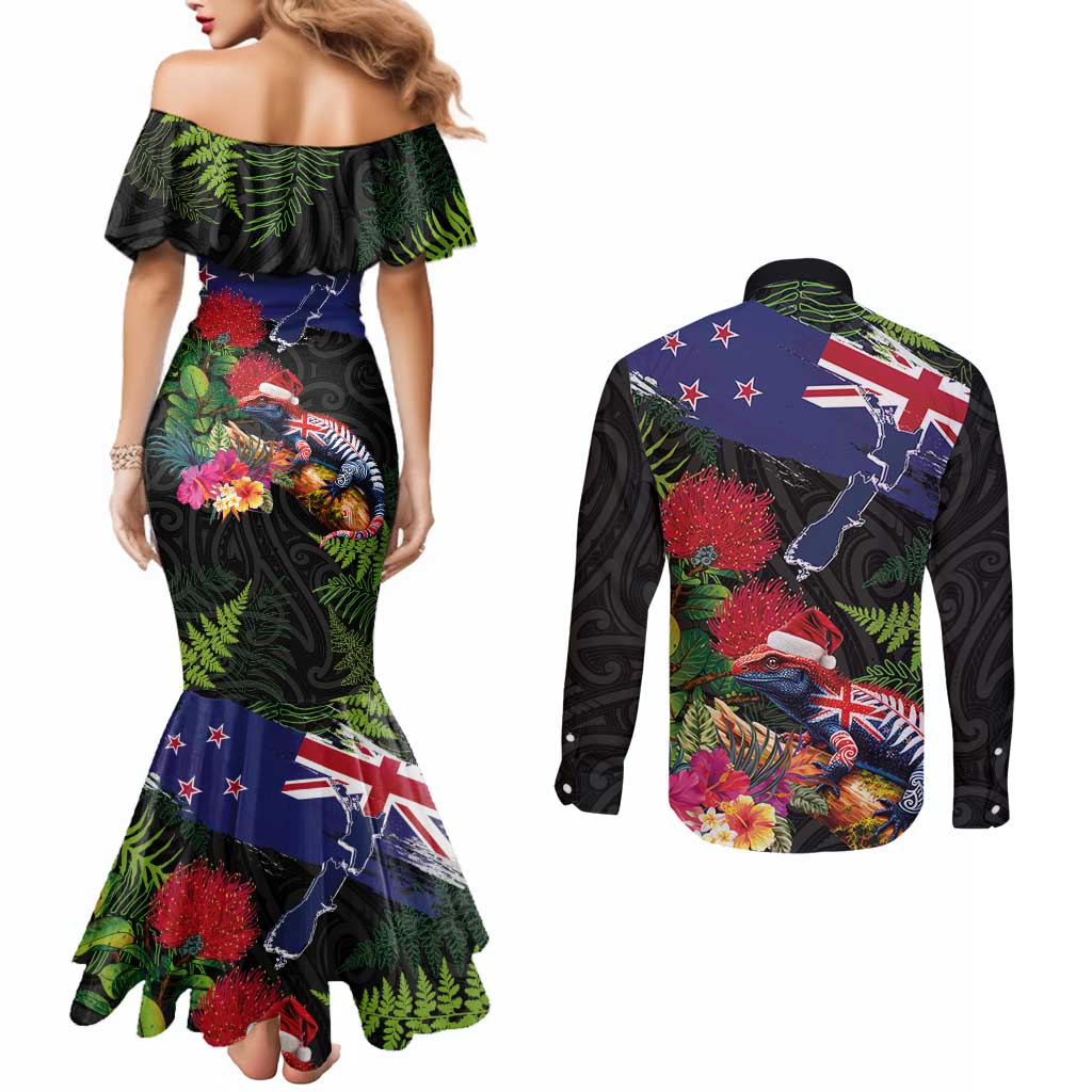 New Zealand Christmas Couples Matching Mermaid Dress and Long Sleeve Button Shirt Meri Kirihimete-Tuatara and Pohutukawa Black Color LT03 - Polynesian Pride