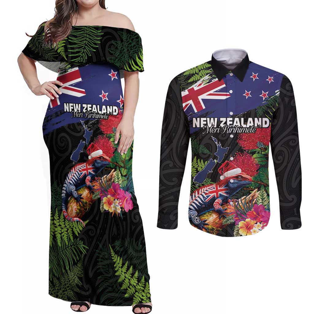 New Zealand Christmas Couples Matching Off Shoulder Maxi Dress and Long Sleeve Button Shirt Meri Kirihimete-Tuatara and Pohutukawa Black Color LT03 Black - Polynesian Pride