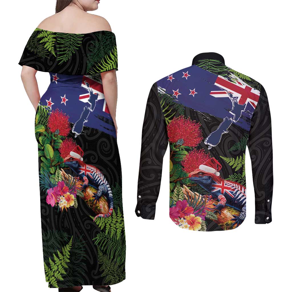 New Zealand Christmas Couples Matching Off Shoulder Maxi Dress and Long Sleeve Button Shirt Meri Kirihimete-Tuatara and Pohutukawa Black Color LT03 - Polynesian Pride