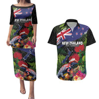 New Zealand Christmas Couples Matching Puletasi and Hawaiian Shirt Meri Kirihimete-Tuatara and Pohutukawa Black Color LT03 Black - Polynesian Pride