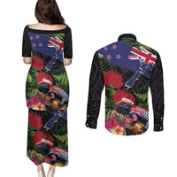 New Zealand Christmas Couples Matching Puletasi and Long Sleeve Button Shirt Meri Kirihimete-Tuatara and Pohutukawa Black Color LT03 - Polynesian Pride