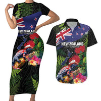 New Zealand Christmas Couples Matching Short Sleeve Bodycon Dress and Hawaiian Shirt Meri Kirihimete-Tuatara and Pohutukawa Black Color LT03 Black - Polynesian Pride