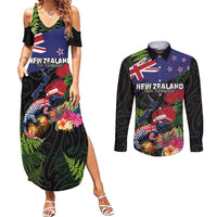 New Zealand Christmas Couples Matching Summer Maxi Dress and Long Sleeve Button Shirt Meri Kirihimete-Tuatara and Pohutukawa Black Color LT03 Black - Polynesian Pride